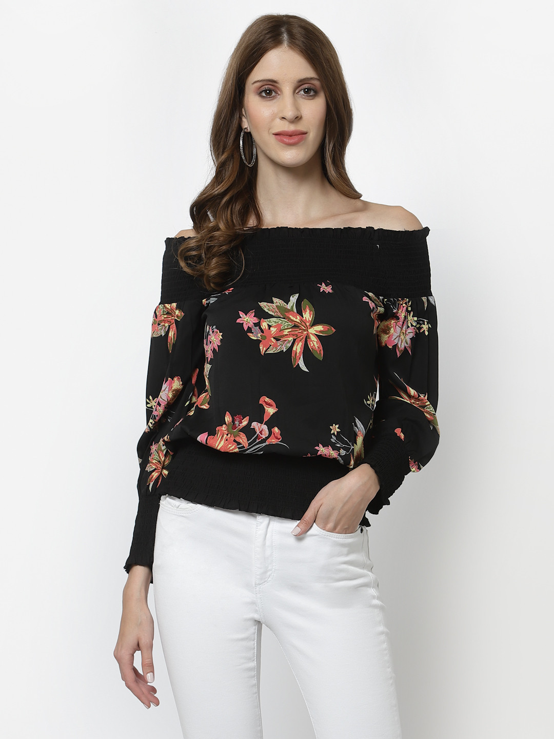

Karmic Vision Women Black & Green Floral Print Off-Shoulder Crepe Bardot Top