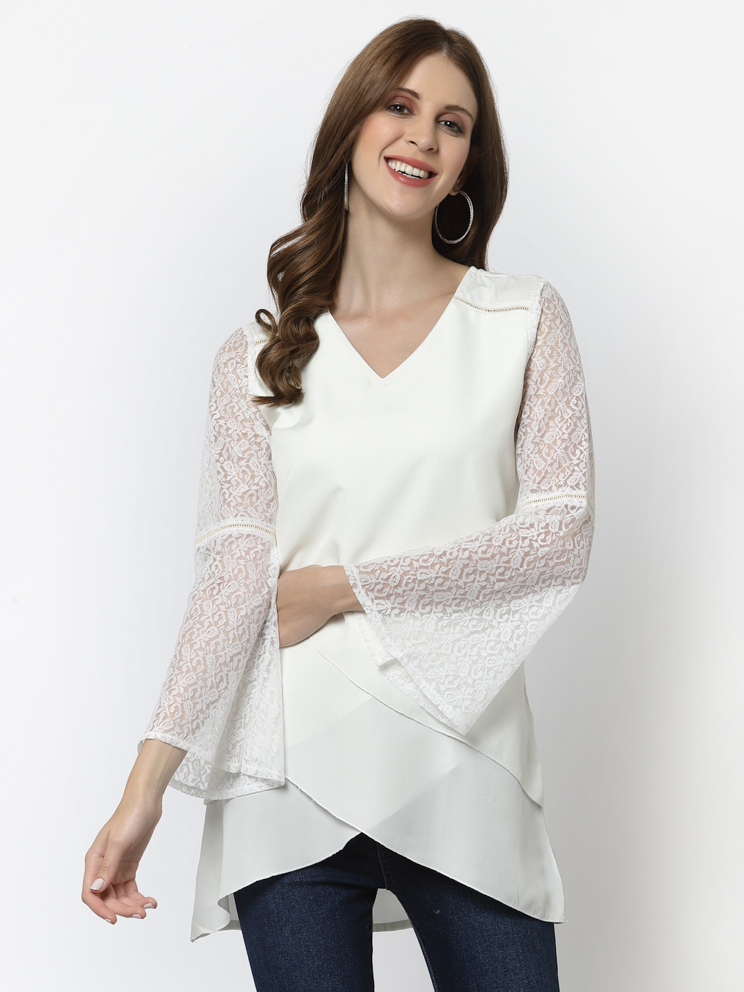 

Karmic Vision Women White V-Neck Layered Net Top