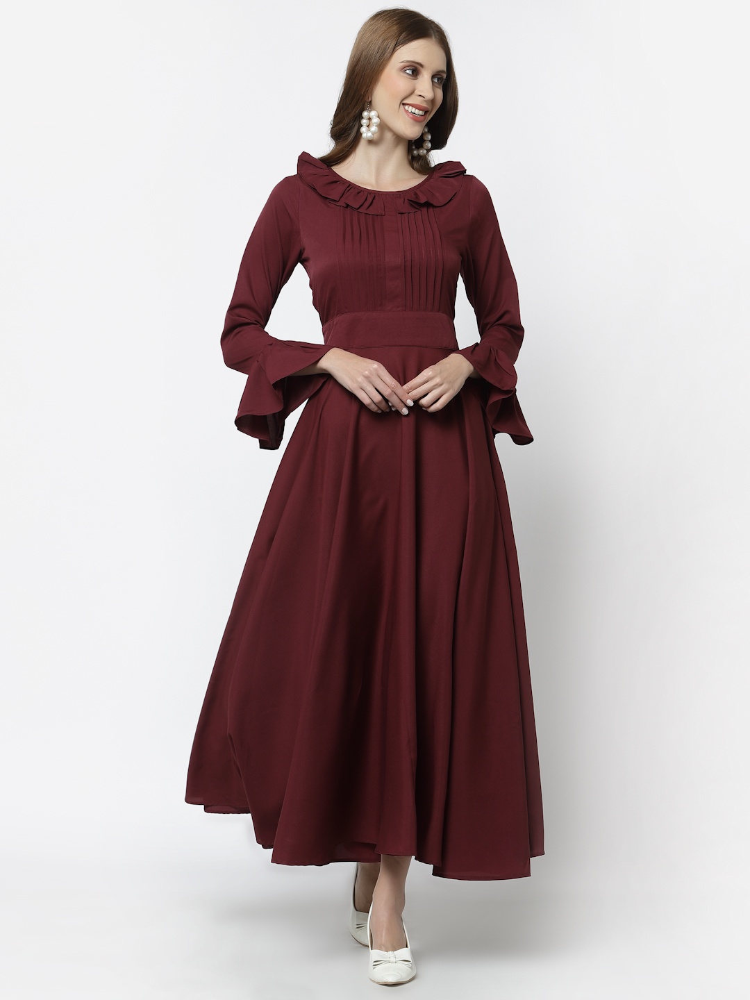 

Karmic Vision Women Maroon Peter Pan Collar Crepe Maxi Dress