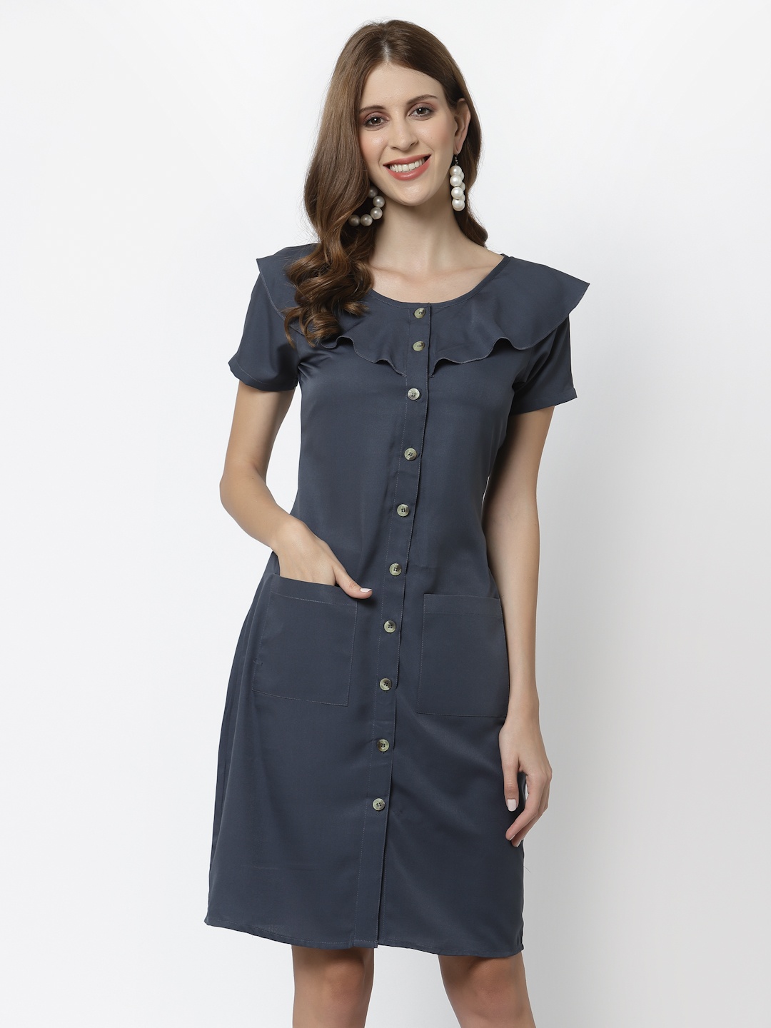 

Karmic Vision Women Grey Peter Pan Collar Crepe Shirt Dress
