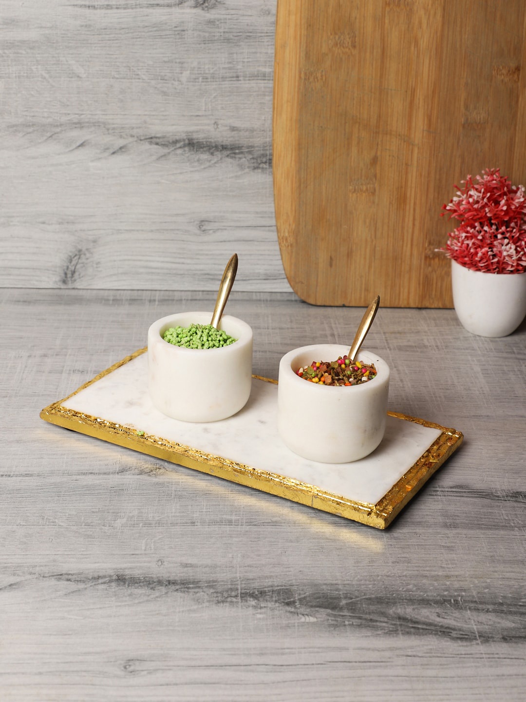 

NikkisPride White Stone Salt & Pepper Condiment Set With Tray