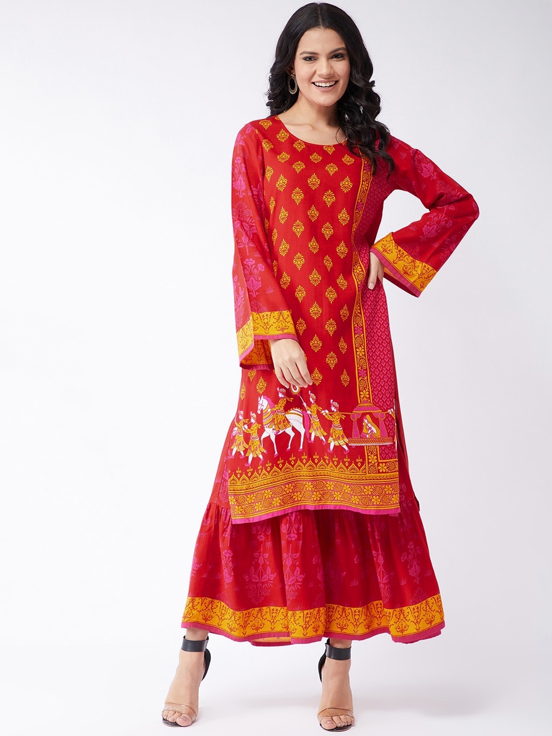 

Pannkh Women Red & Yellow Ethnic Motifs Printed Anarkali Kurta