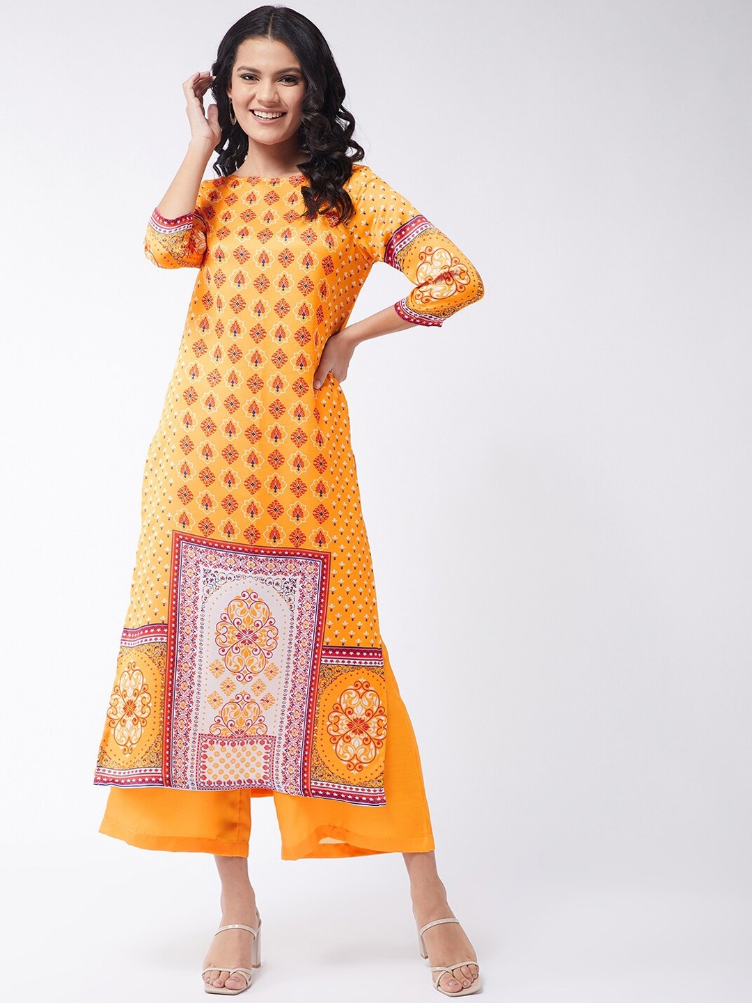 Pannkh Women Yellow & Red Ethnic Motifs Printed Kurta
