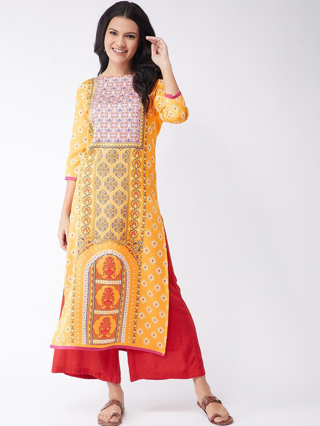 

Pannkh Women Yellow & Red Floral Printed Kurta