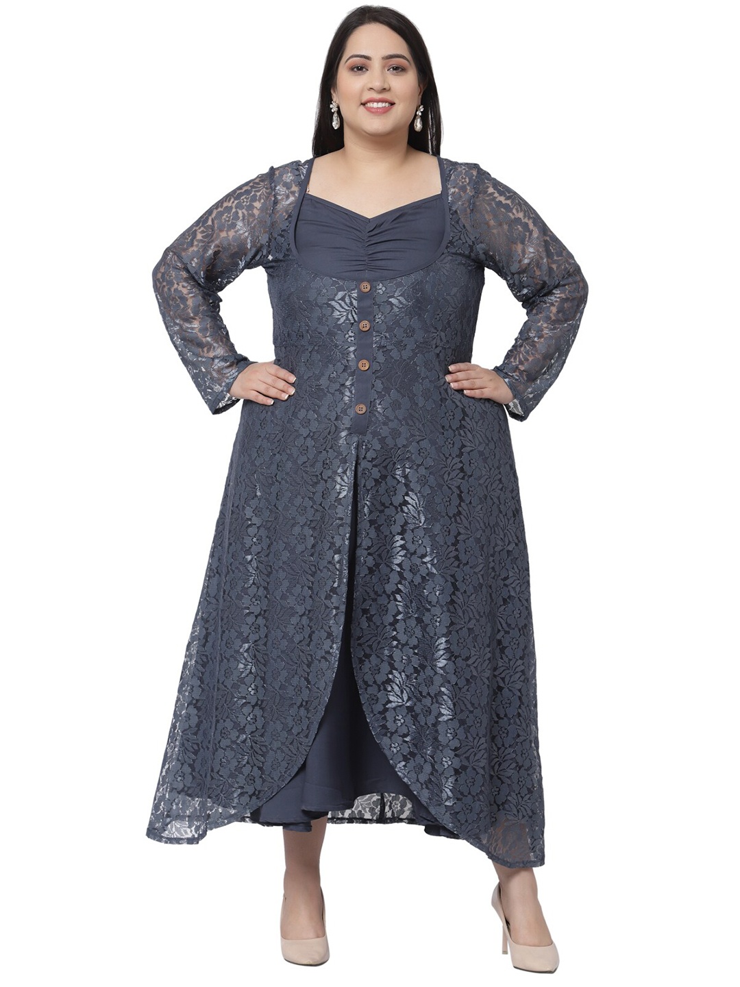 

Flambeur Plus Size Women Grey Layered Net Maxi Dress