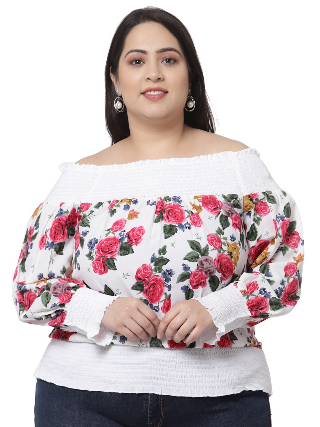 

Flambeur Women Multicoloured Floral Printed Off-Shoulder Crepe Bardot Top, Multi