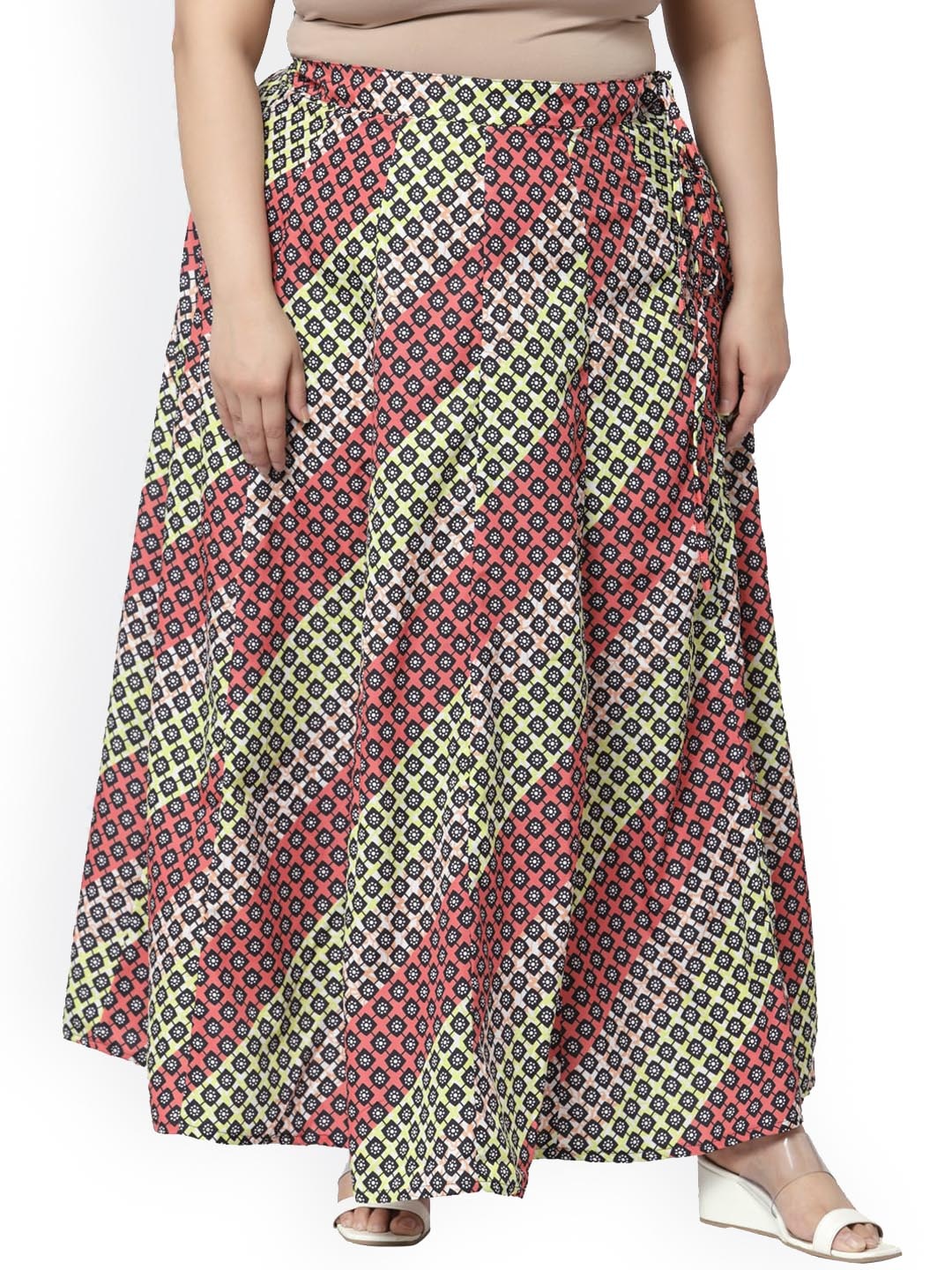 

Flambeur Women Pink & Green Printed Maxi A-Line Skirt