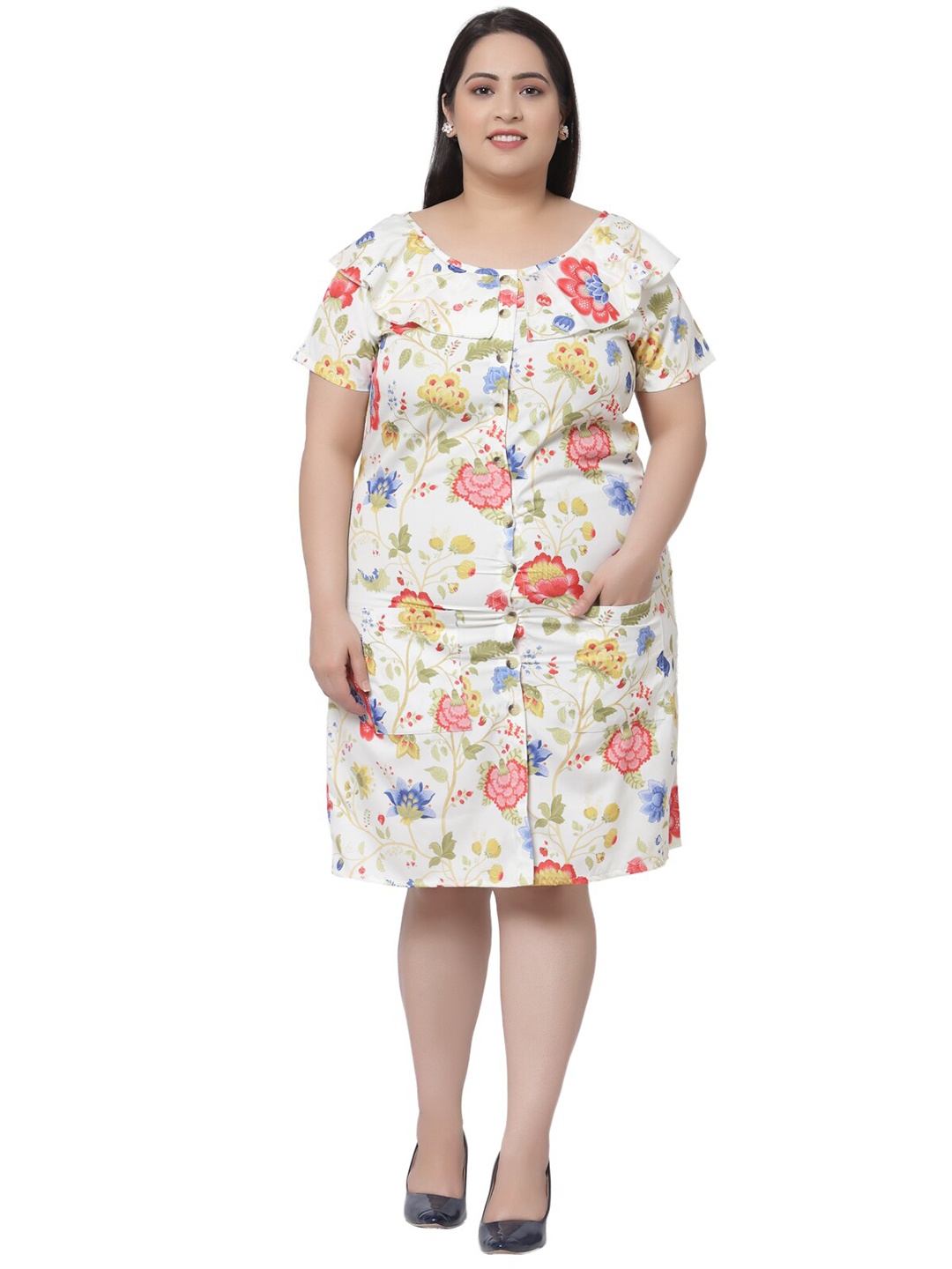 Flambeur Multicoloured Floral Peter Pan Collar Crepe Shirt Dress, Multi