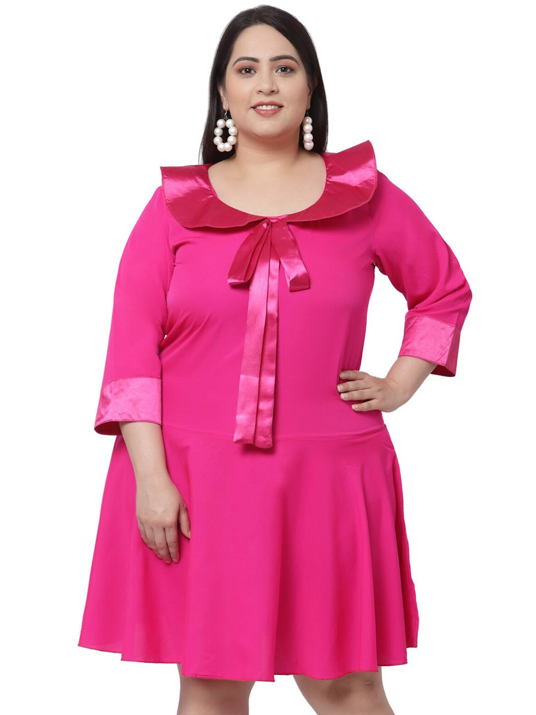 

Flambeur Plus Size Women Pink Peter Pan Collar Crepe Dress