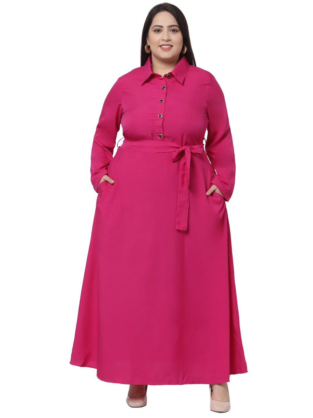 

Flambeur Women Plus Size Pink Crepe Shirt Maxi Dress