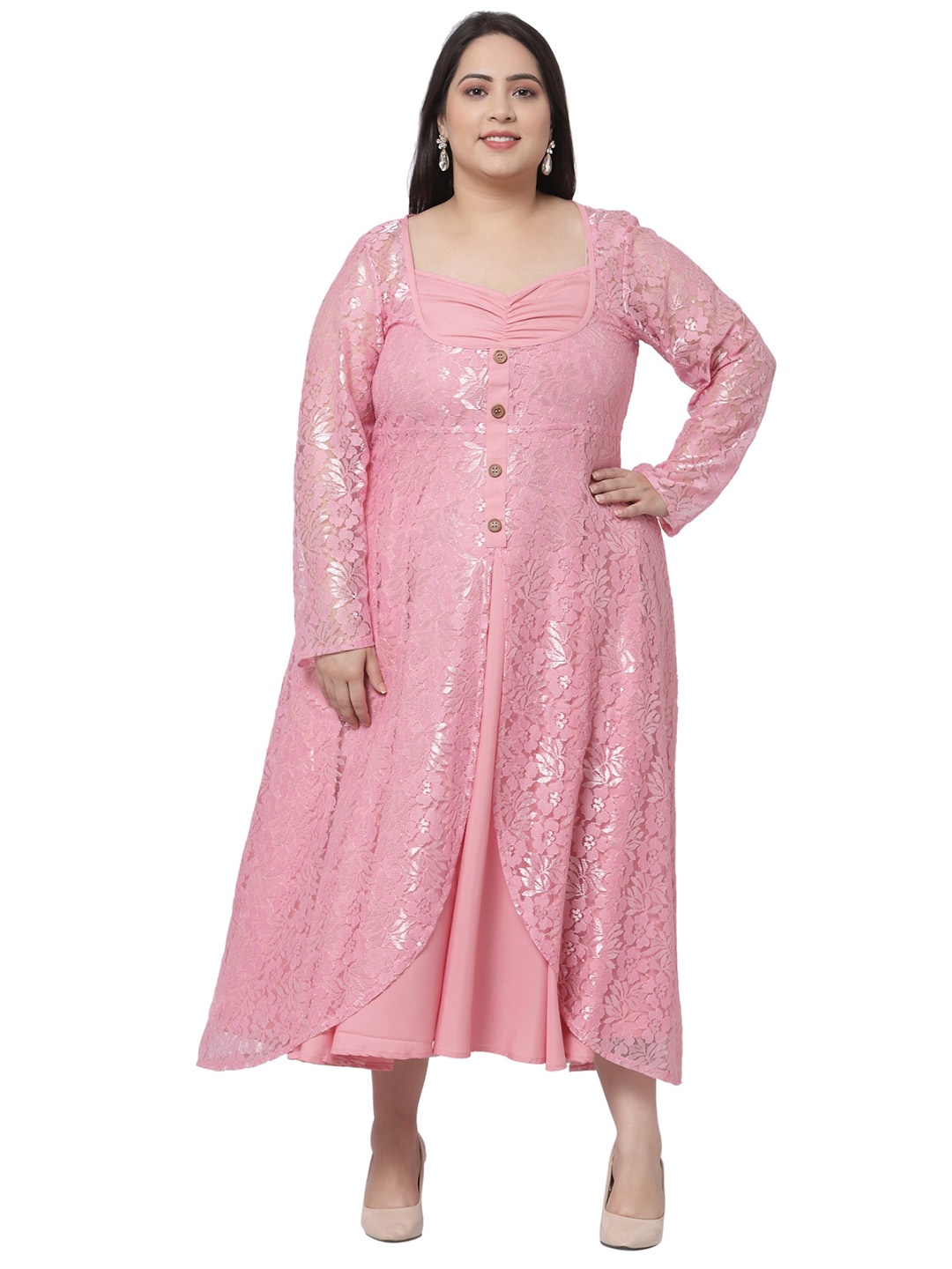 

Flambeur Plus Size Women Pink Layered Net A-Line Midi Dress