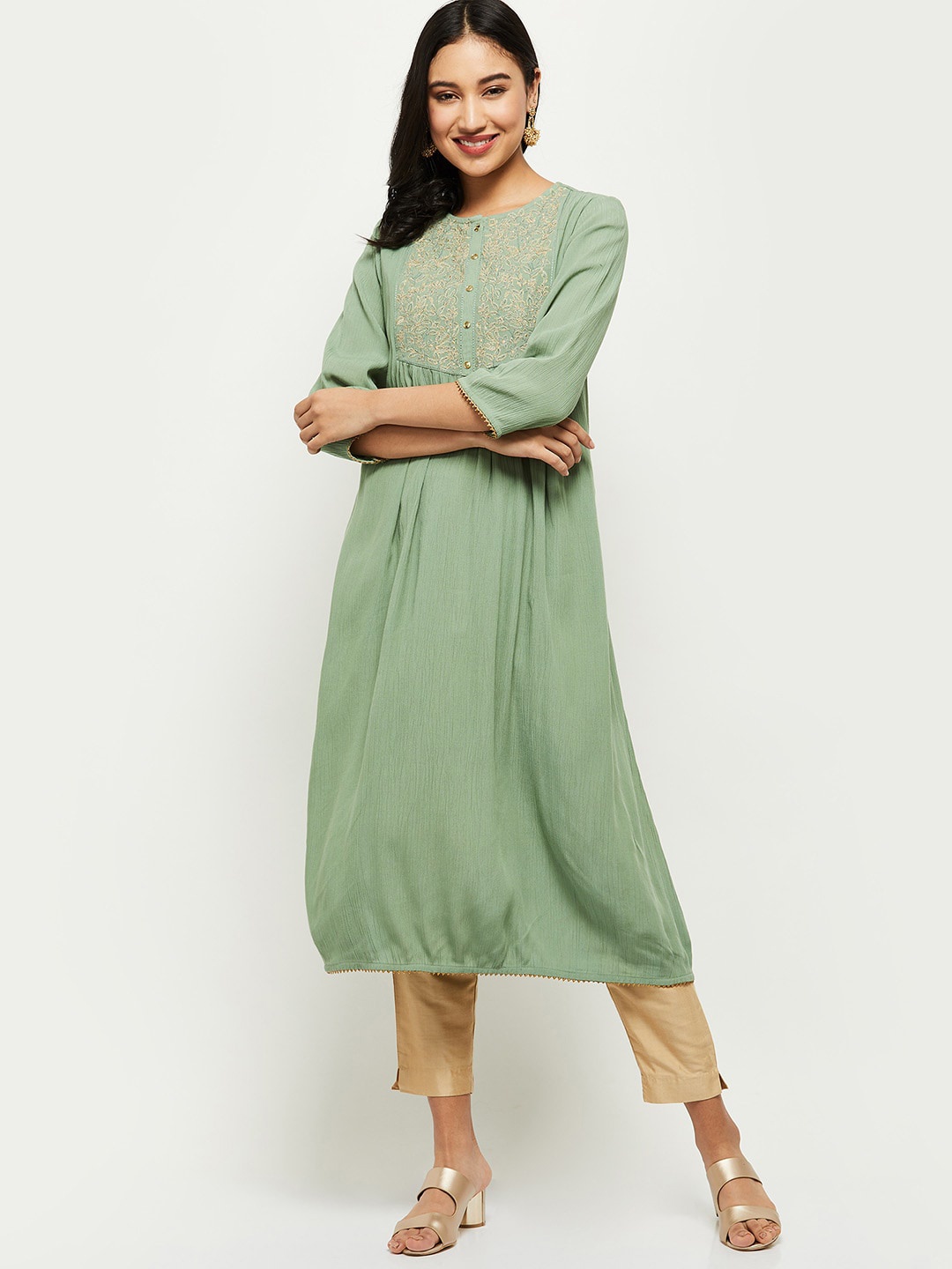 

max Women Green & Beige Floral Yoke Design Kurta