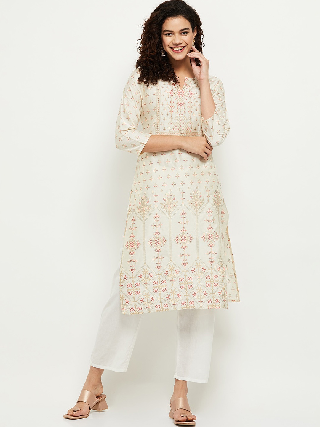 

max Women White Floral Printed Keyhole Neck Kurta
