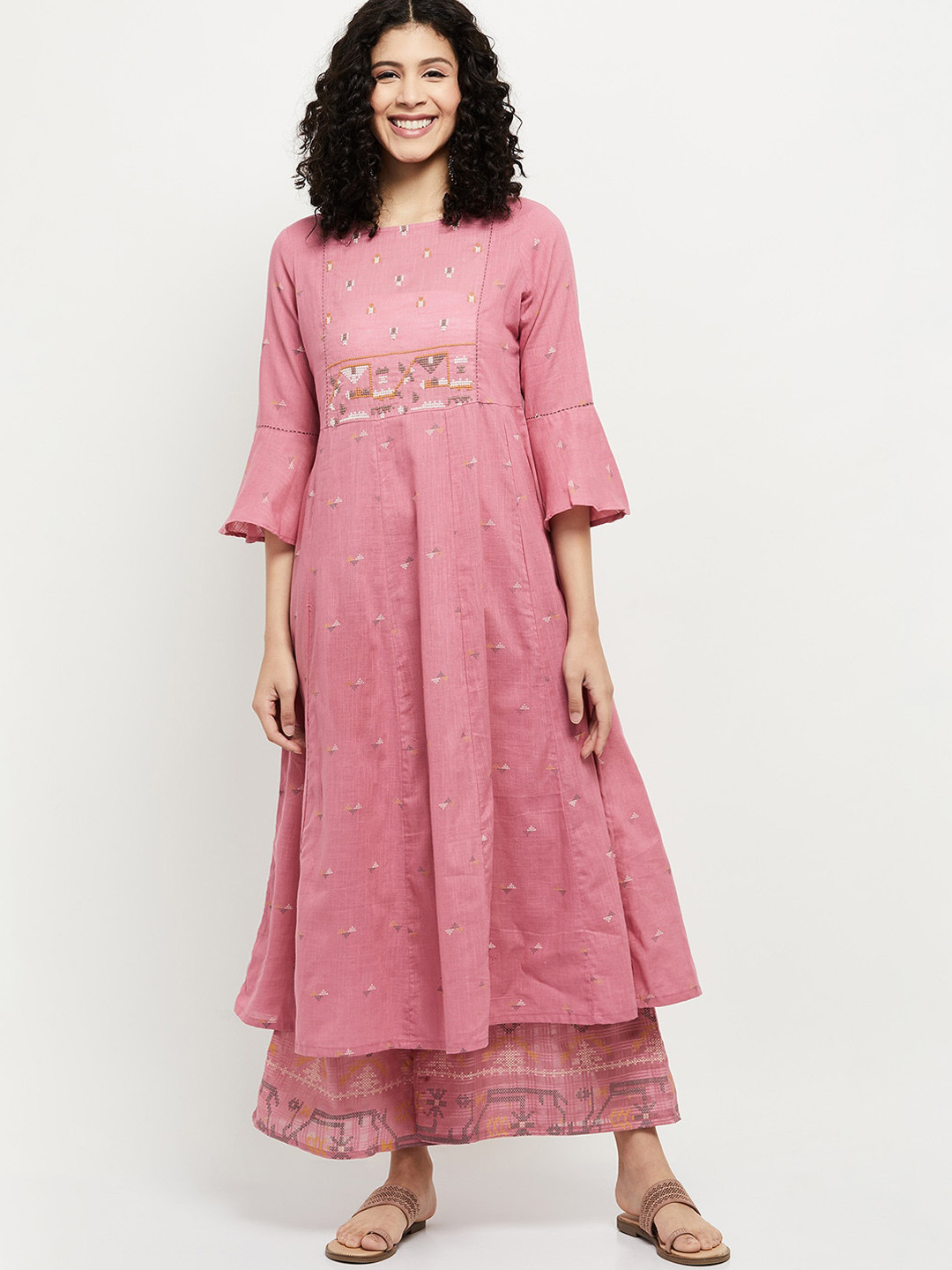

max Women Pink Ethnic Motifs Embroidered Flared Sleeves Thread Work Anarkali Kurta