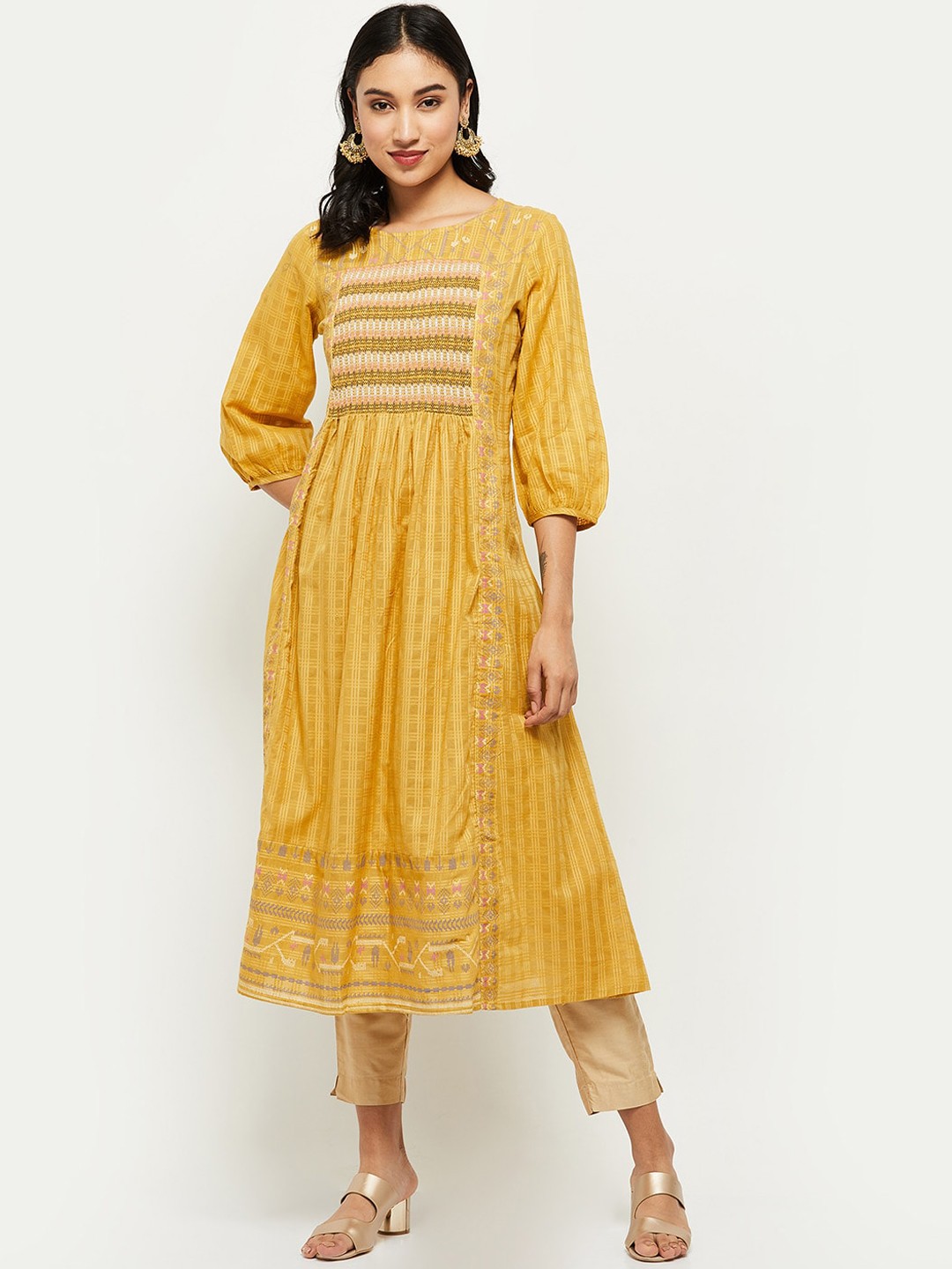

max Women Mustard Yellow Striped Thread Work Anarkali Kurta