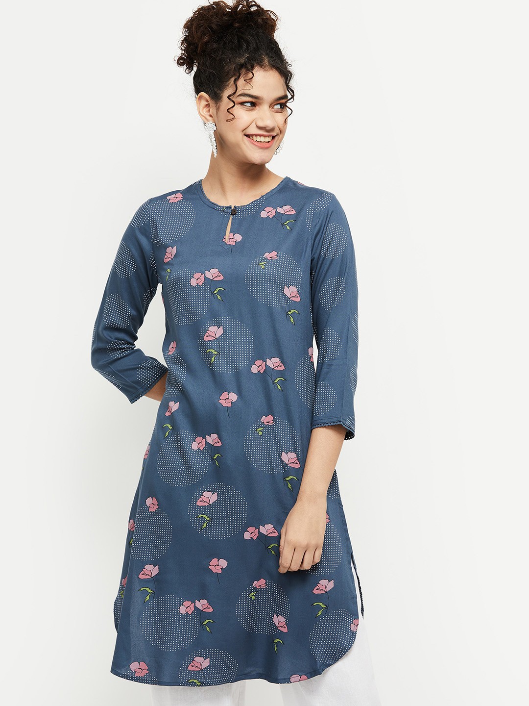 

max Women Navy Blue & Pink Floral Printed Keyhole Neck Kurta
