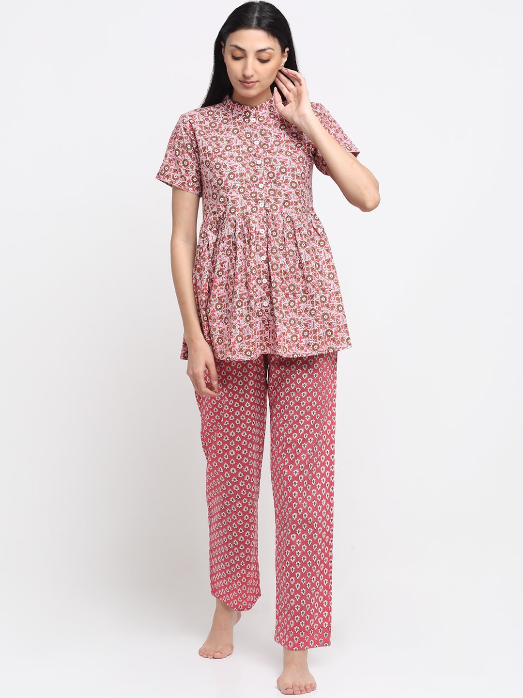 

NEUDIS Women Pink & Brown Cotton Printed Nightsuit