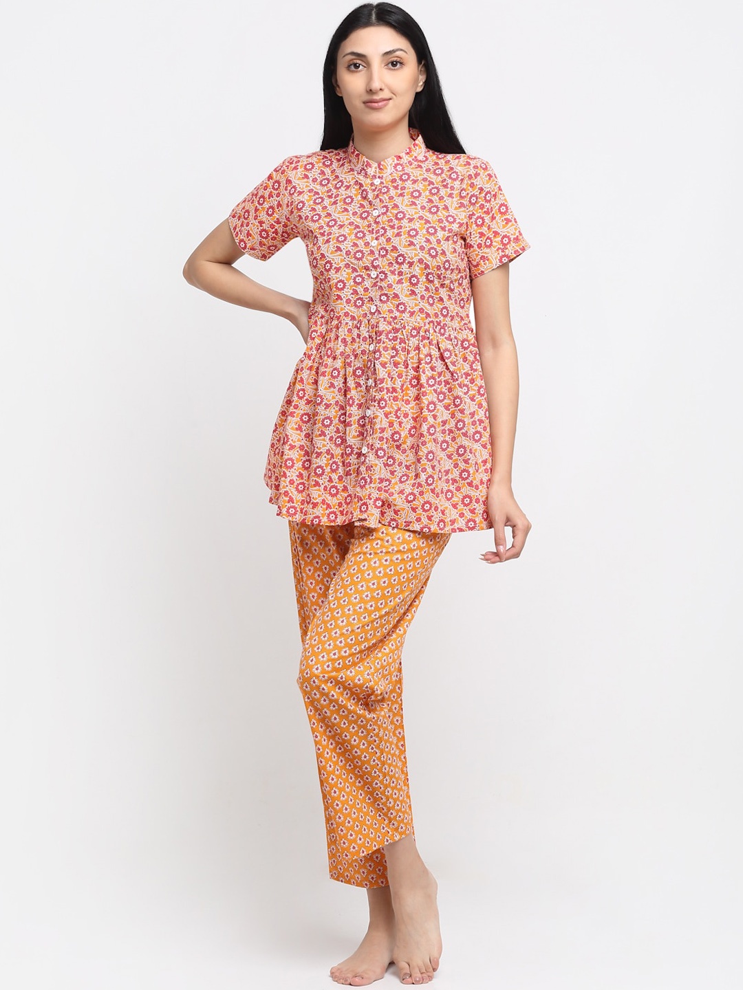 

NEUDIS Women Yellow & Pink Cotton Printed Nightsuit