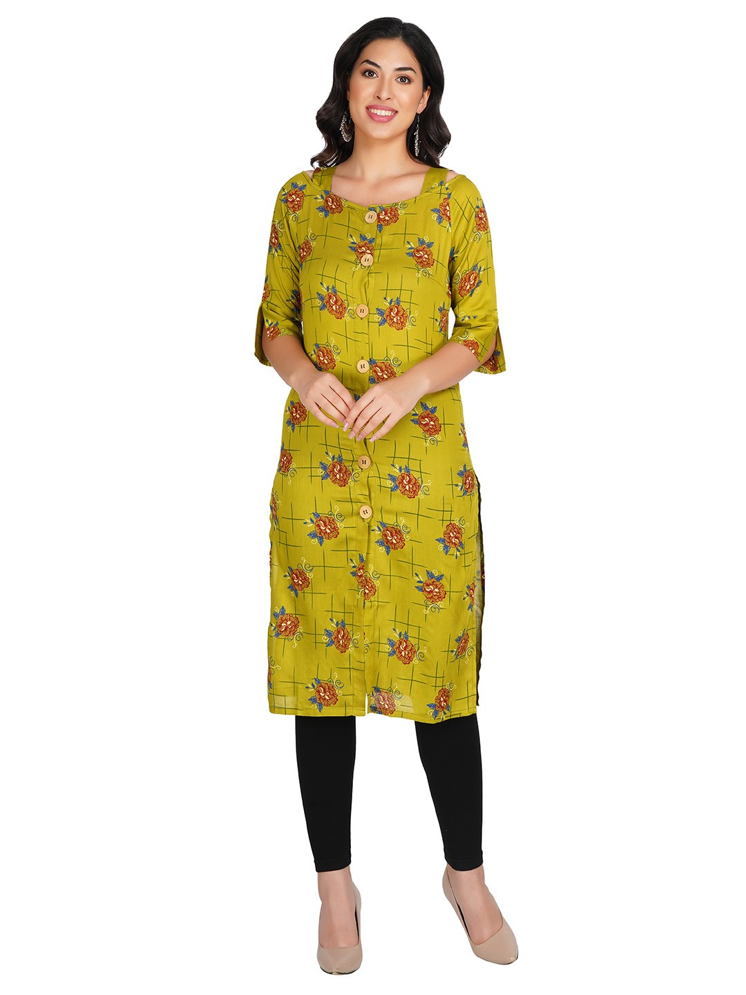 

PHWOAR Women Green Floral Embroidered Floral Kurta