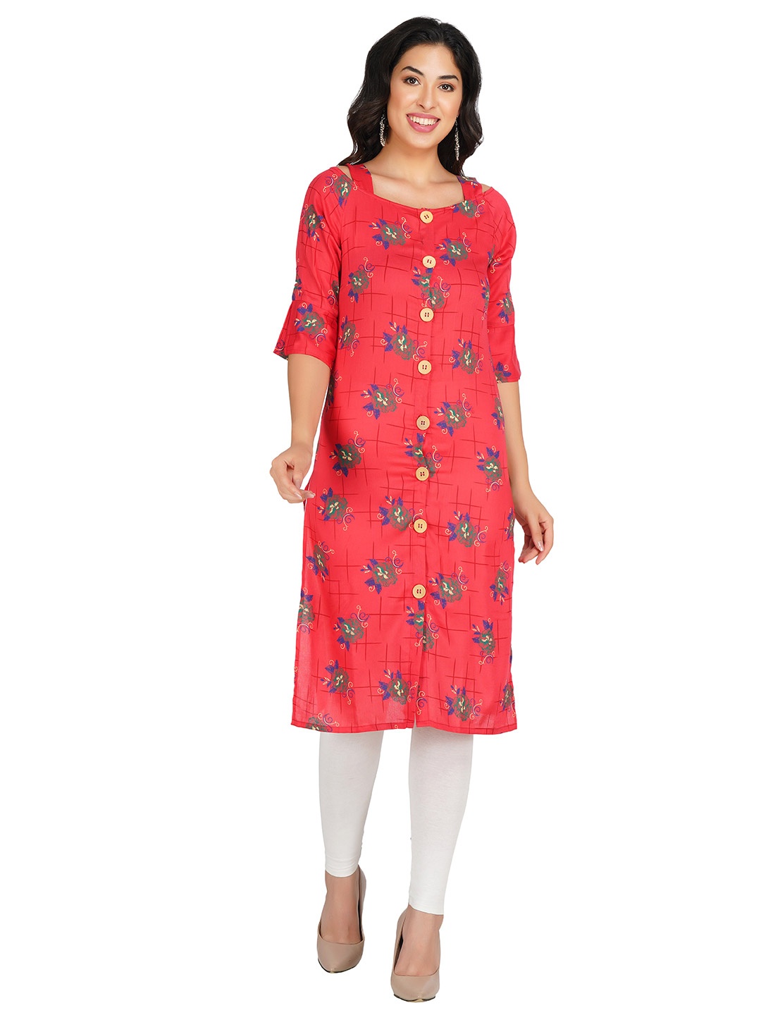 

PHWOAR Women Red & Blue Floral Printed Floral Kurta