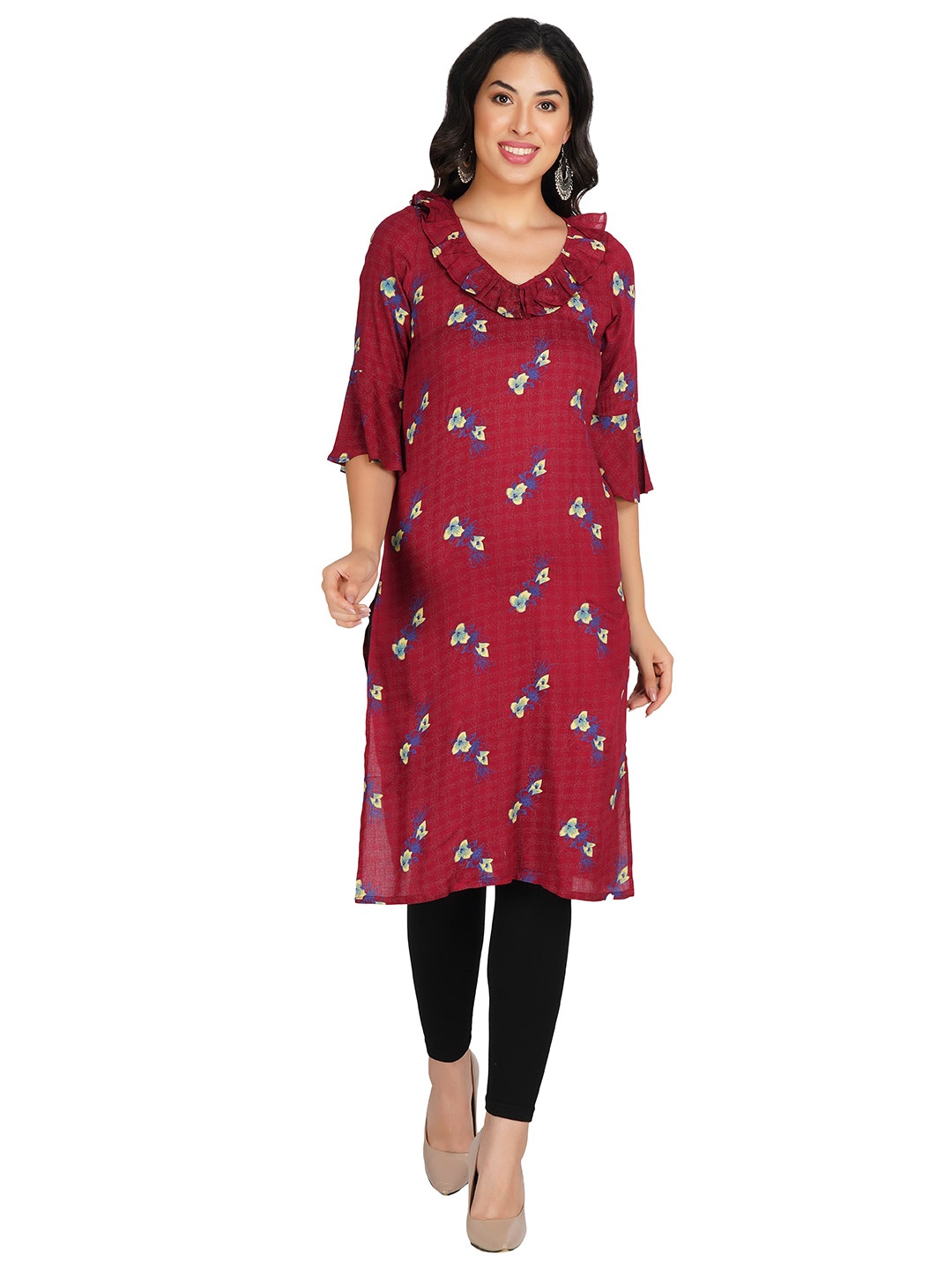 

PHWOAR Women Maroon & Blue Floral Printed Bell Sleeves Floral Kurta