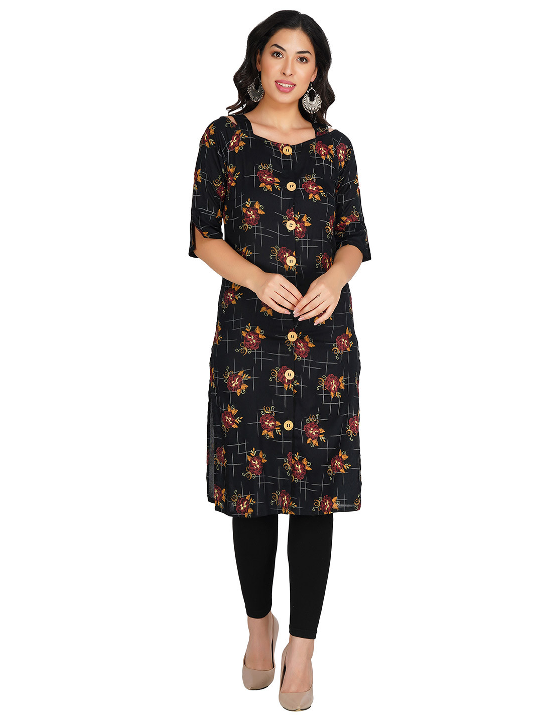 

PHWOAR Women Black & Yellow Printed Rayon Kurta