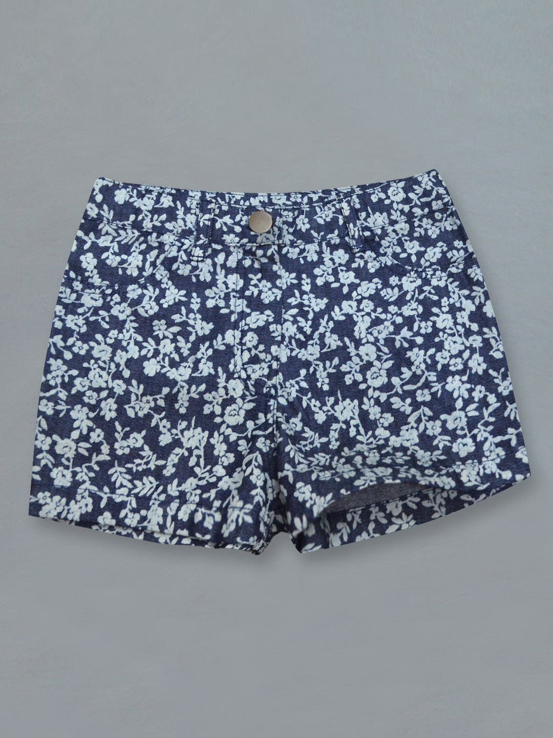 

A T U N Girls Navy Blue Floral Printed Denim Hot Pants Shorts