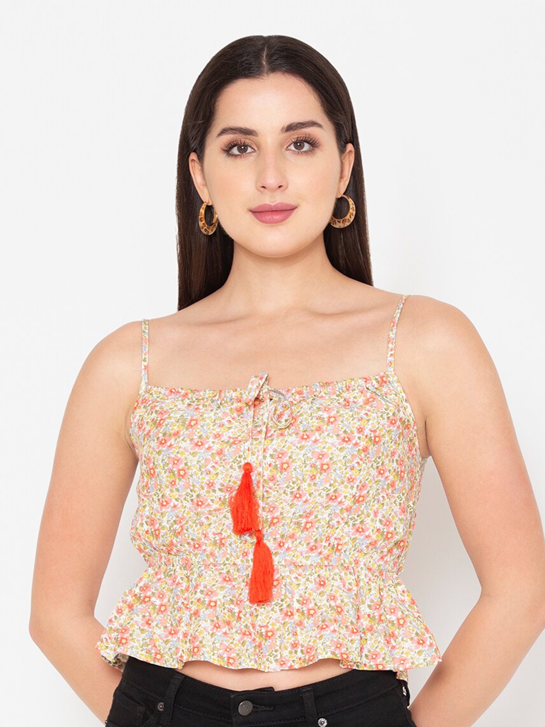 

Porsorte Women Off White Floral Printed Bardot Crop Top