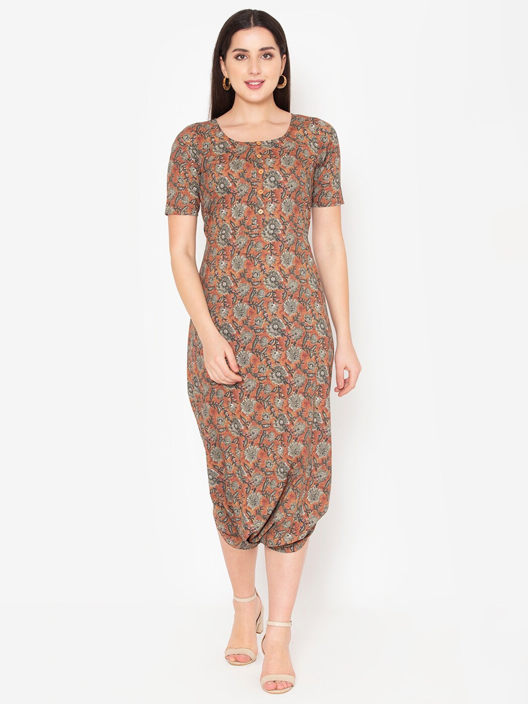 

Porsorte Rust & Grey Printed Cotton Capri Jumpsuit with Layered