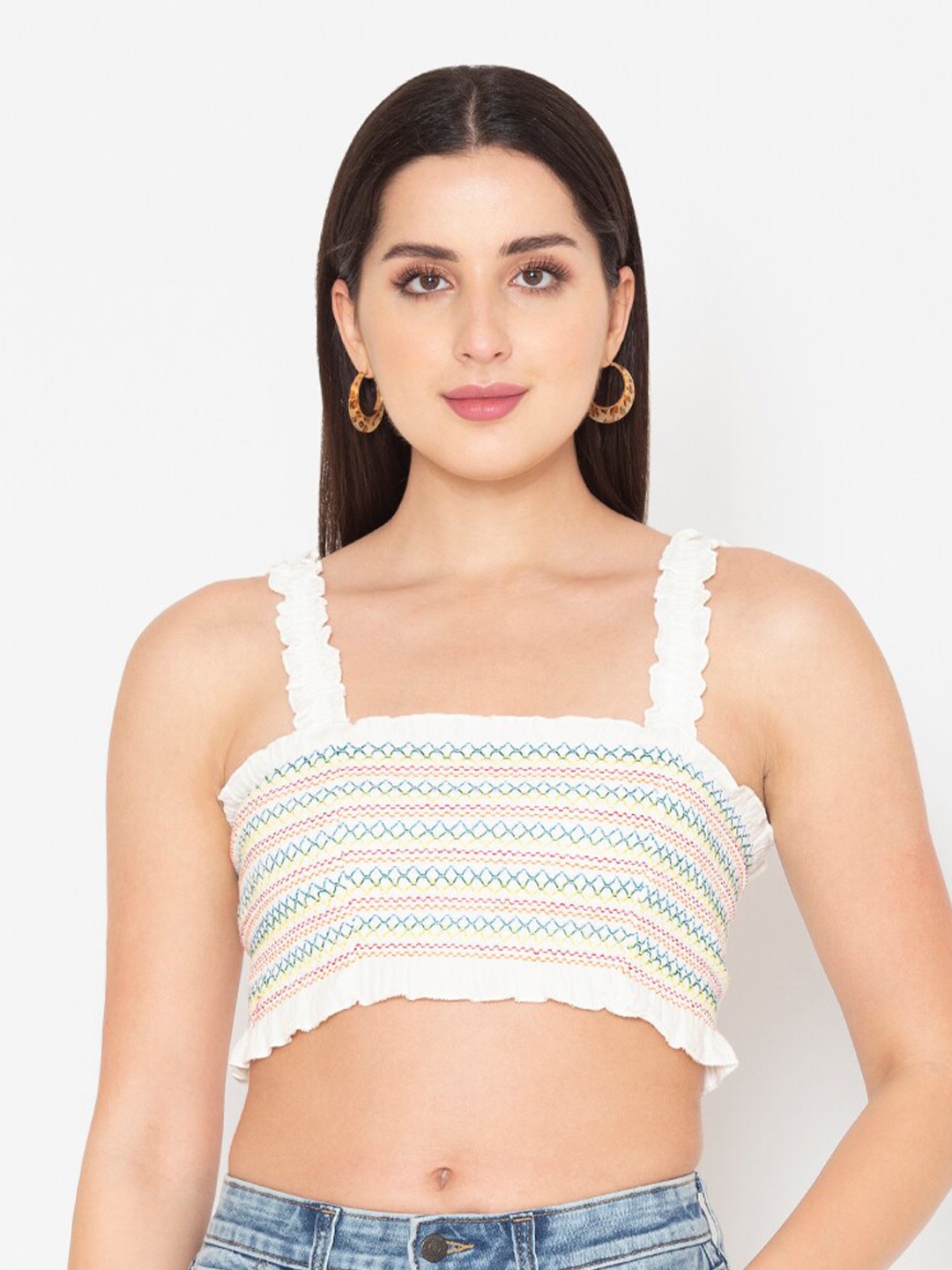 

Porsorte Women Off White Smocked Pure Cotton Bralette Crop Top