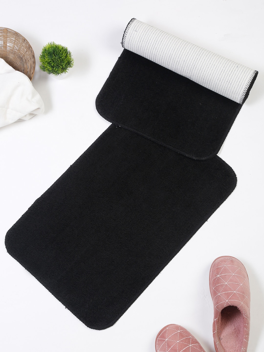 

HOSTA HOMES Set Of 2 Black Solid Anti-Skid Door Mats