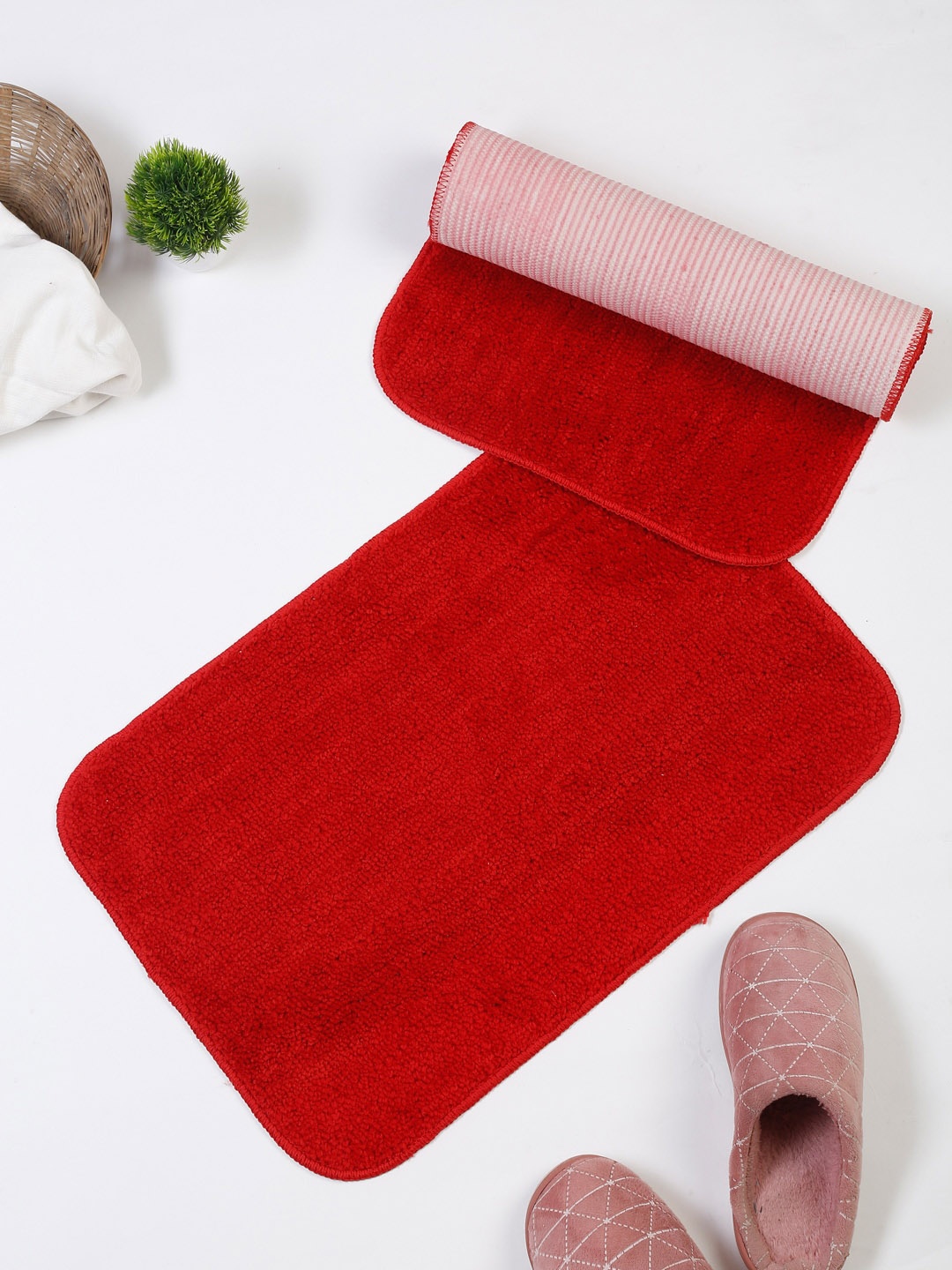 

HOSTA HOMES Set of 2 Red Solid Anti-Skid Cotton Doormats
