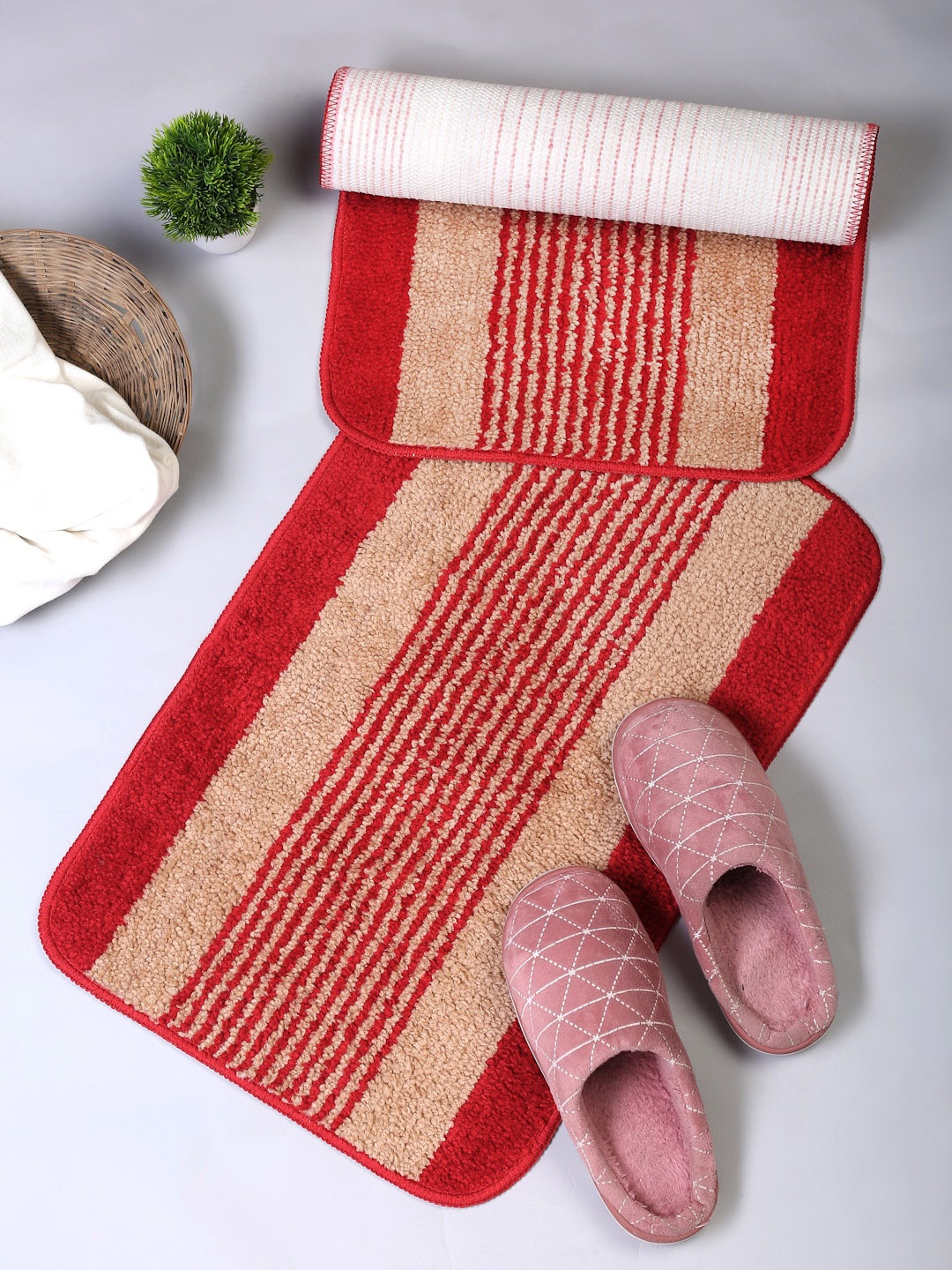 

HOSTA HOMES Set of 2 Red & Beige Striped Anti-Skid Cotton Doormats