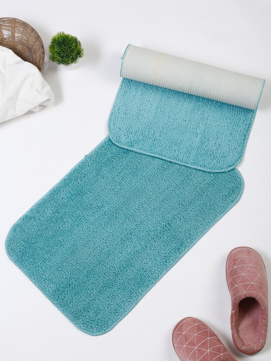 

HOSTA HOMES Set of 2 Turquoise Blue Solid Anti-Skid Cotton Doormats