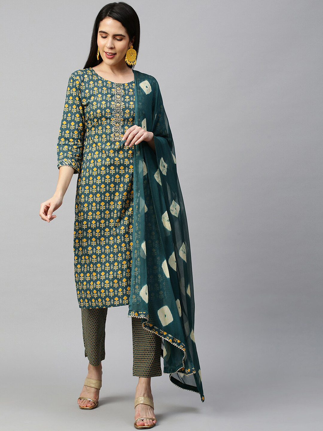

FASHOR Women Green Floral Printed Pure Cotton Kurta with Trousers & Dupatta