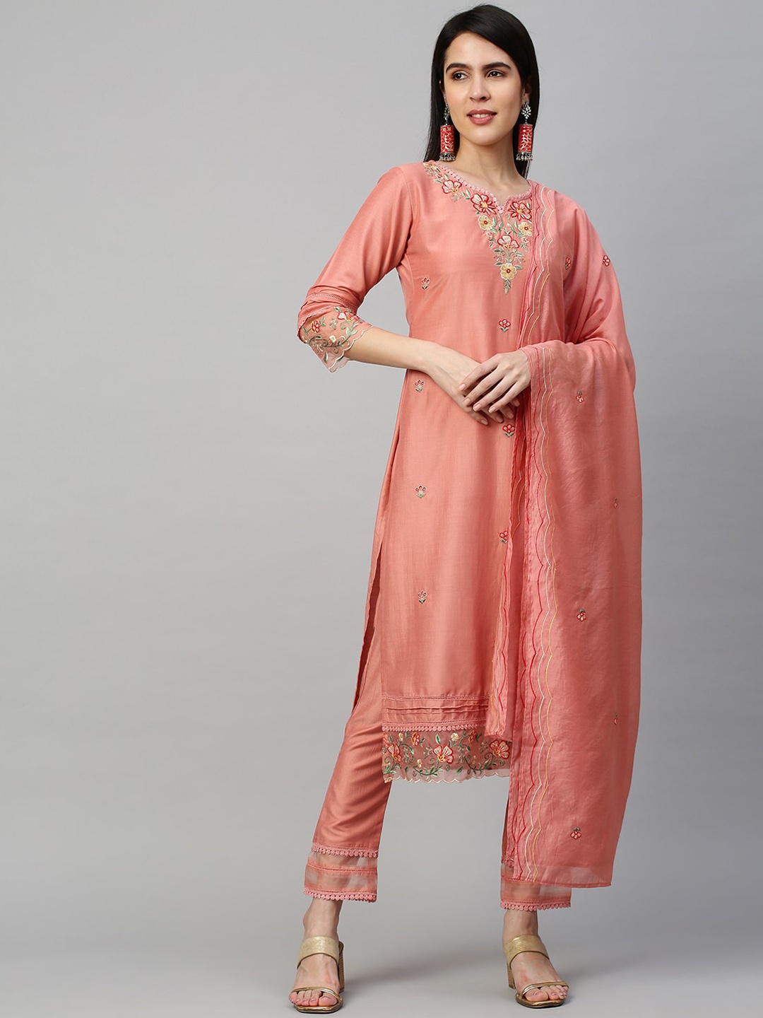 

FASHOR Women Peach-Coloured Floral Embroidered Kurta with Trousers & With Dupatta