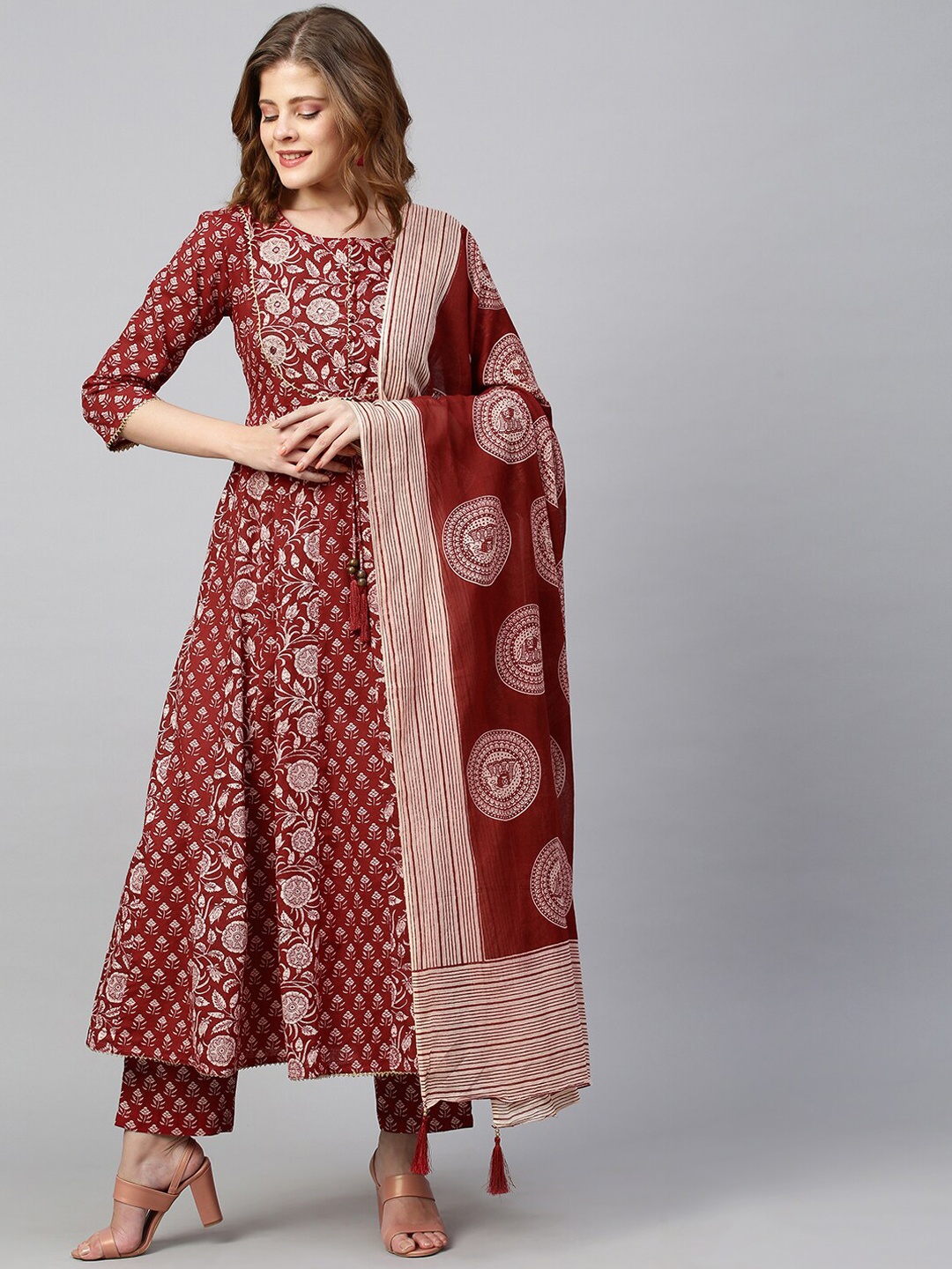 

FASHOR Women Maroon Floral Printed Pure Cotton Kurta with Trousers & Dupatta