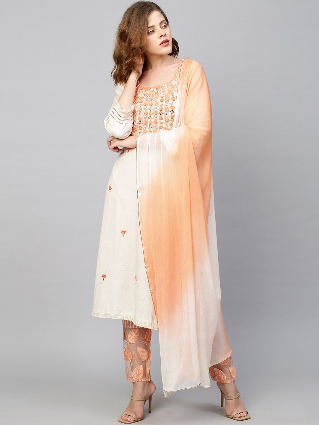 

FASHOR Women Off White & Orange Floral Embroidered Kurta with Trousers & Dupatta