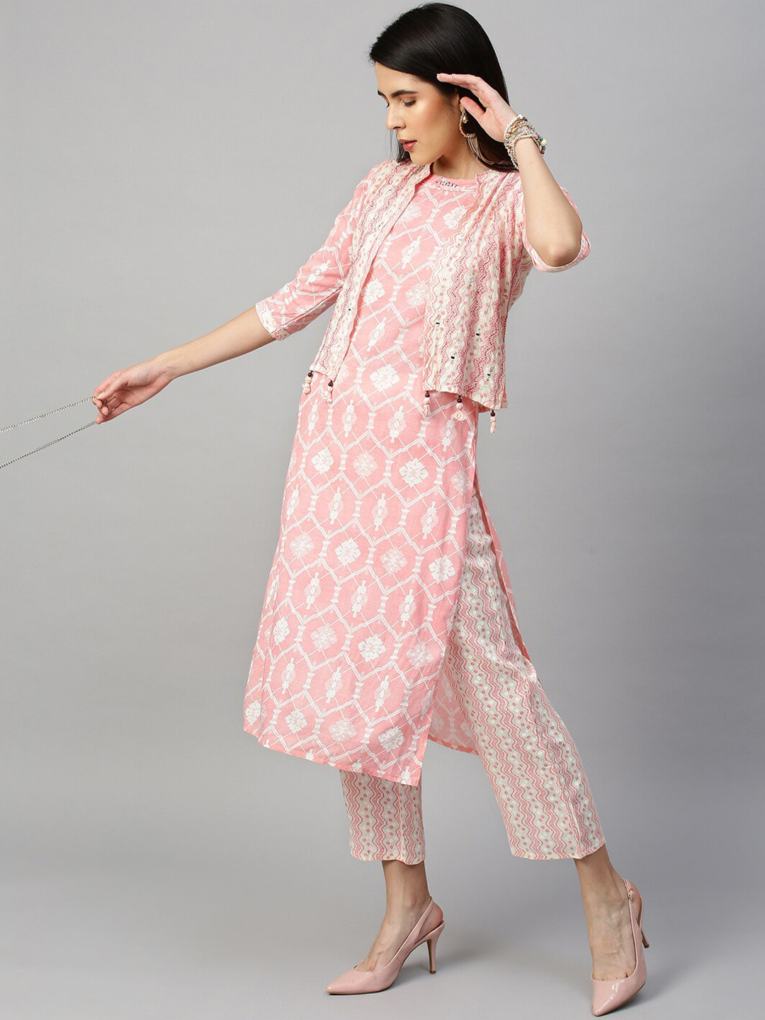 

FASHOR Women Peach-Coloured Ethnic Motifs Printed Layered Mirror Work Kurta with Trousers & With Dupatta