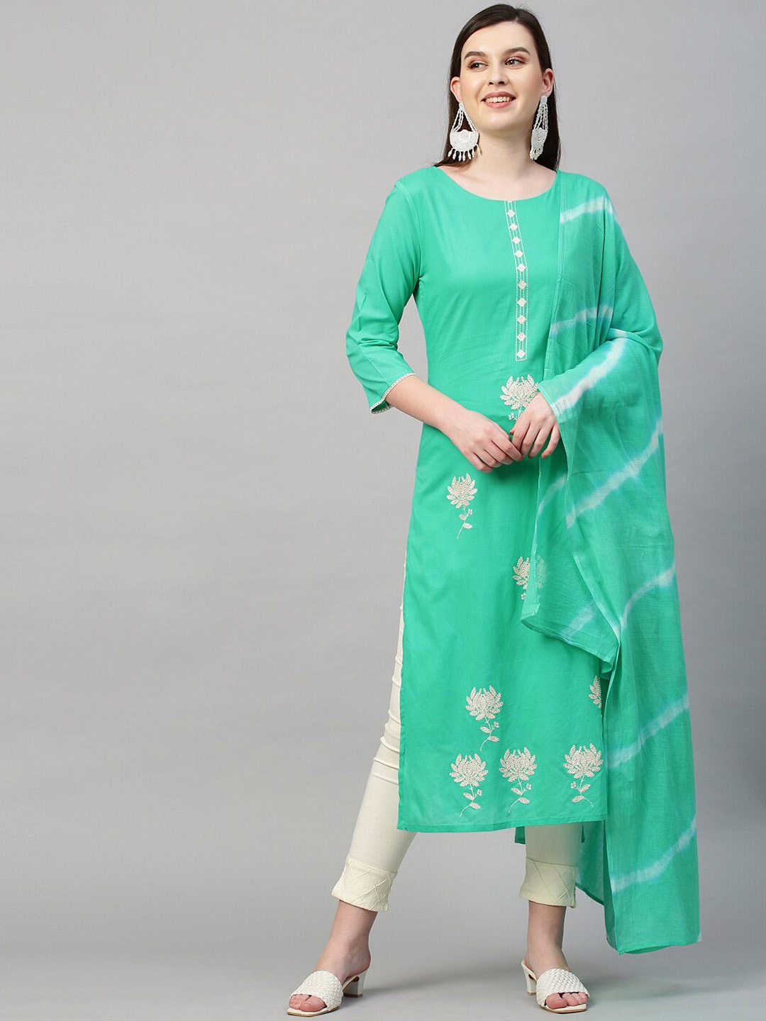 

FASHOR Women Sea Green Ethnic Motifs Embroidered Pure Cotton Kurta with Trousers & Dupatta