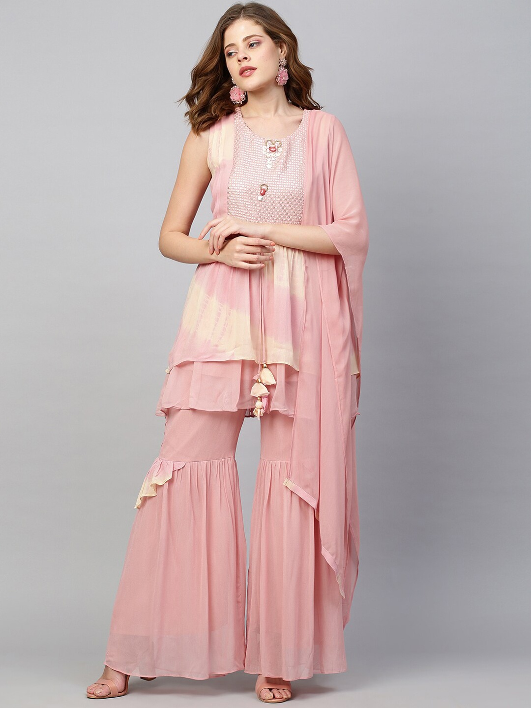 

FASHOR Women Pink Bandhani Embroidered Empire Sequinned Kurti with Sharara & Dupatta