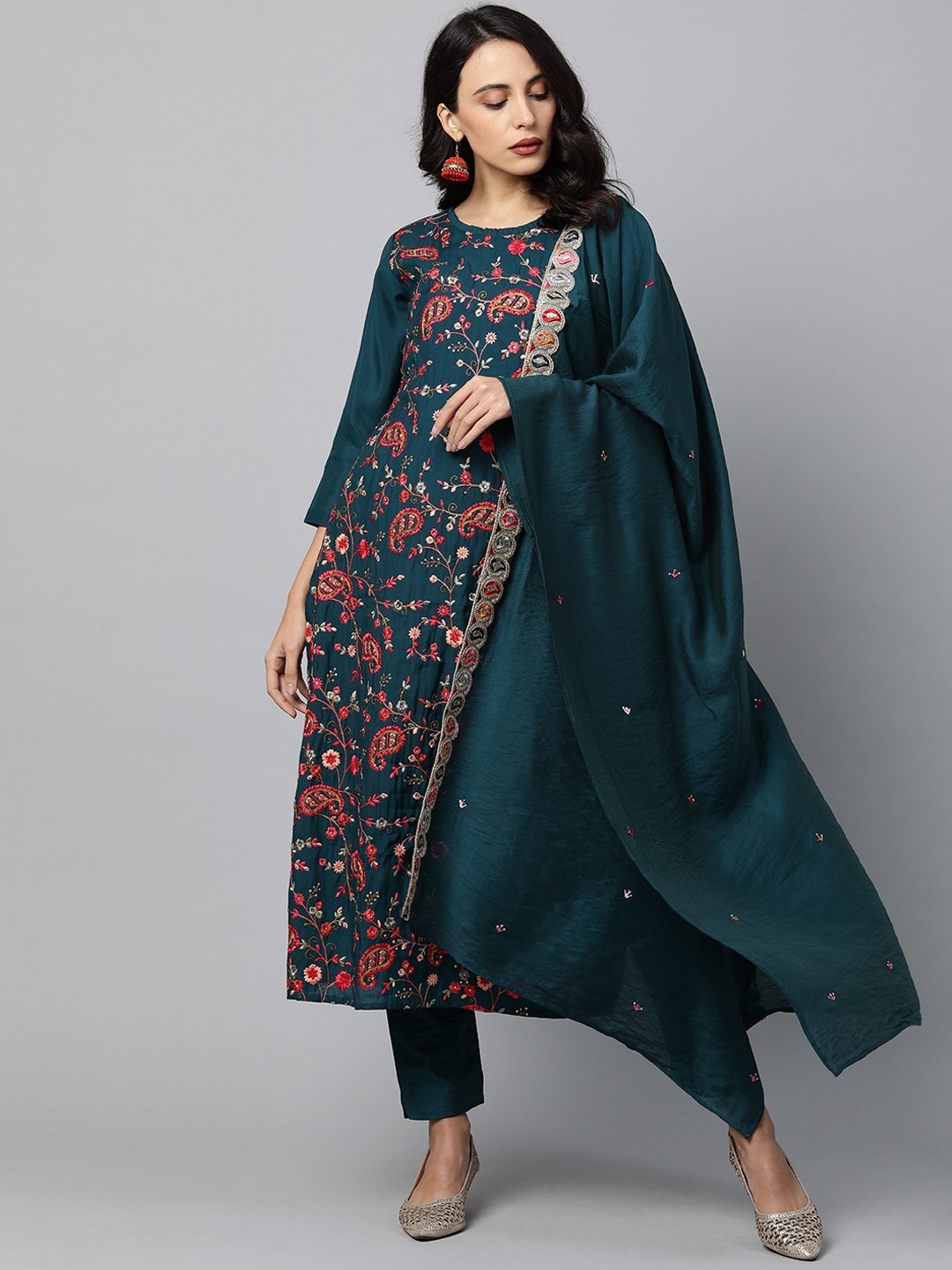 

FASHOR Women Teal Floral Embroidered Thread Work Kurta with Trousers & With Dupatta