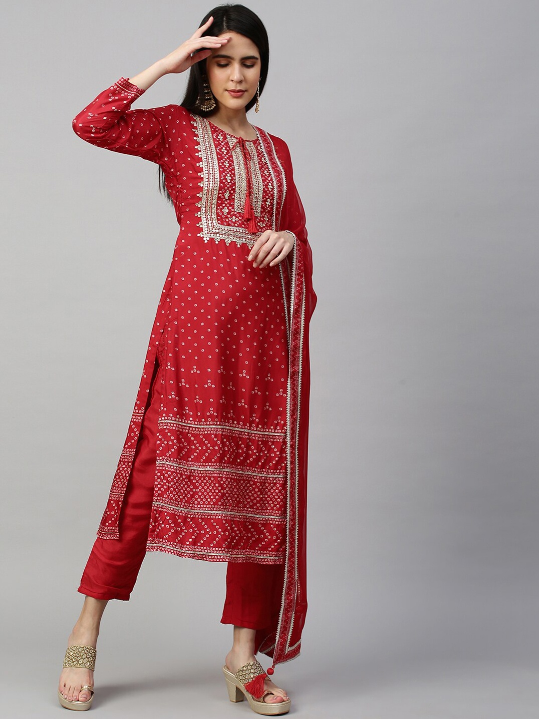 

FASHOR Women Rust Embroidered Gotta Patti Kurta with Trousers & Dupatta