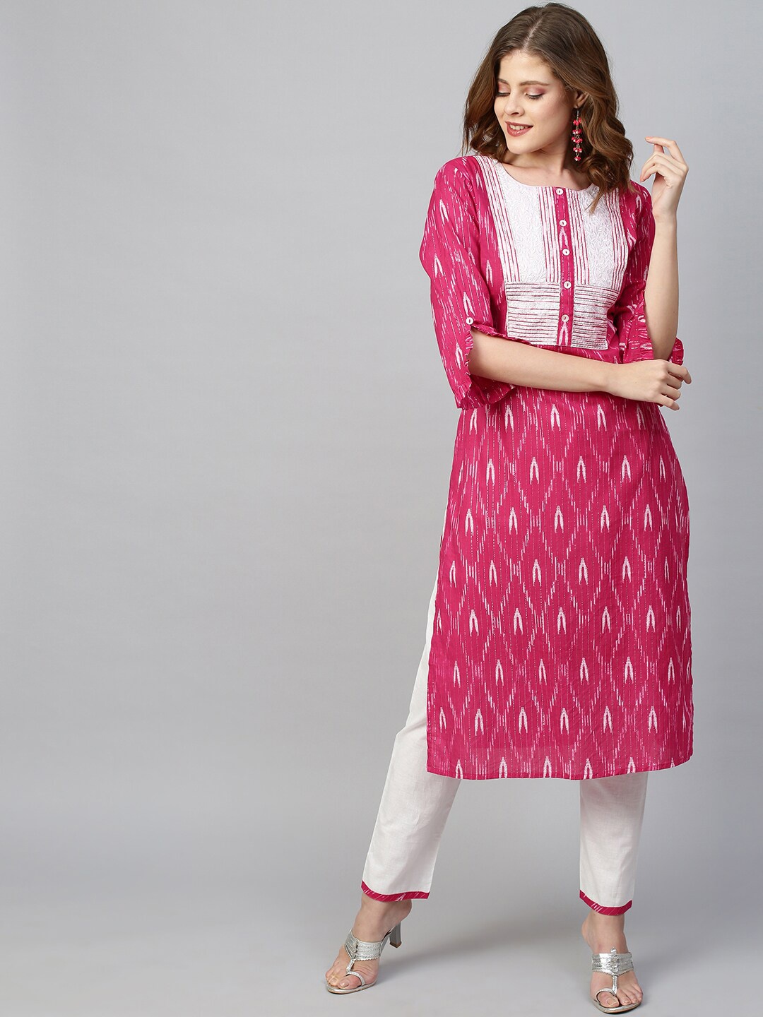 

FASHOR Women Pink Ethnic Motifs Thread Work Kurta with Trousers