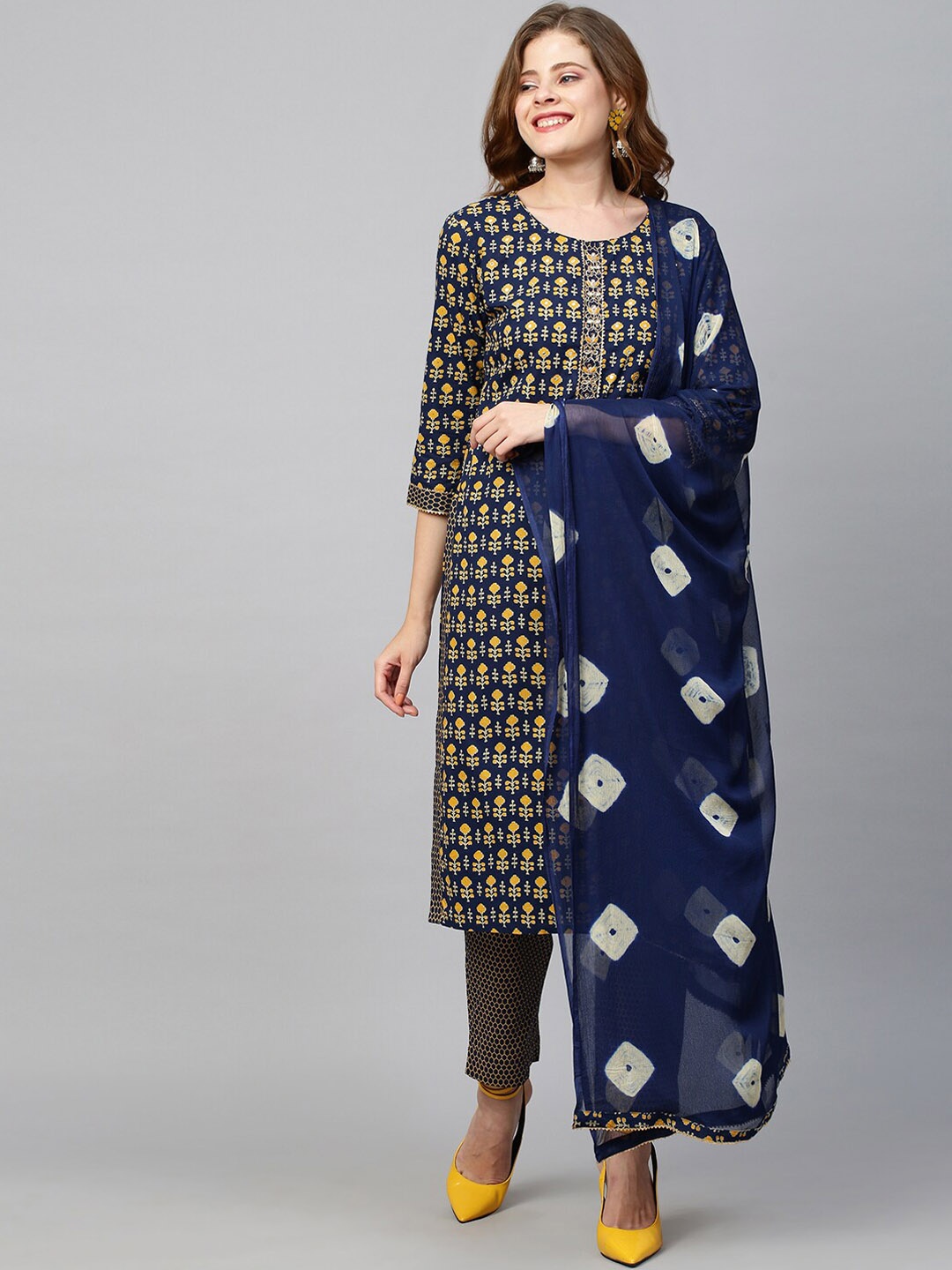 

FASHOR Women Navy Blue Ethnic Motifs Printed Gotta Patti Pure Cotton Kurta with Trousers