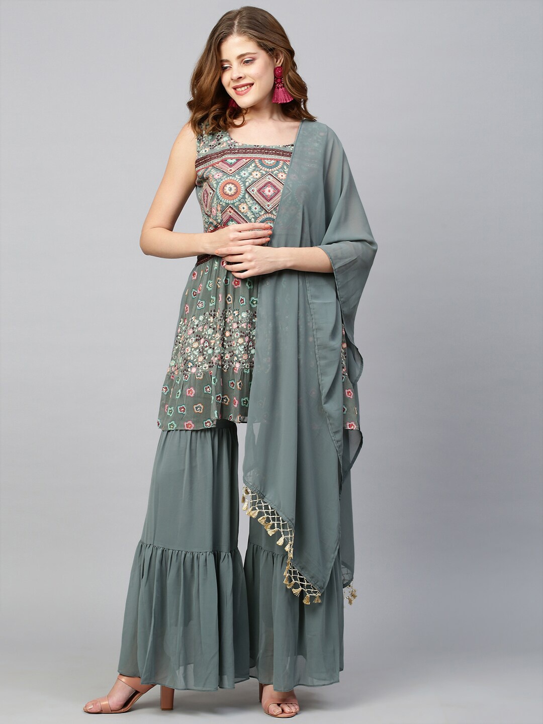 

FASHOR Women Grey Ethnic Motifs Embroidered Kurta with Sharara & Dupatta