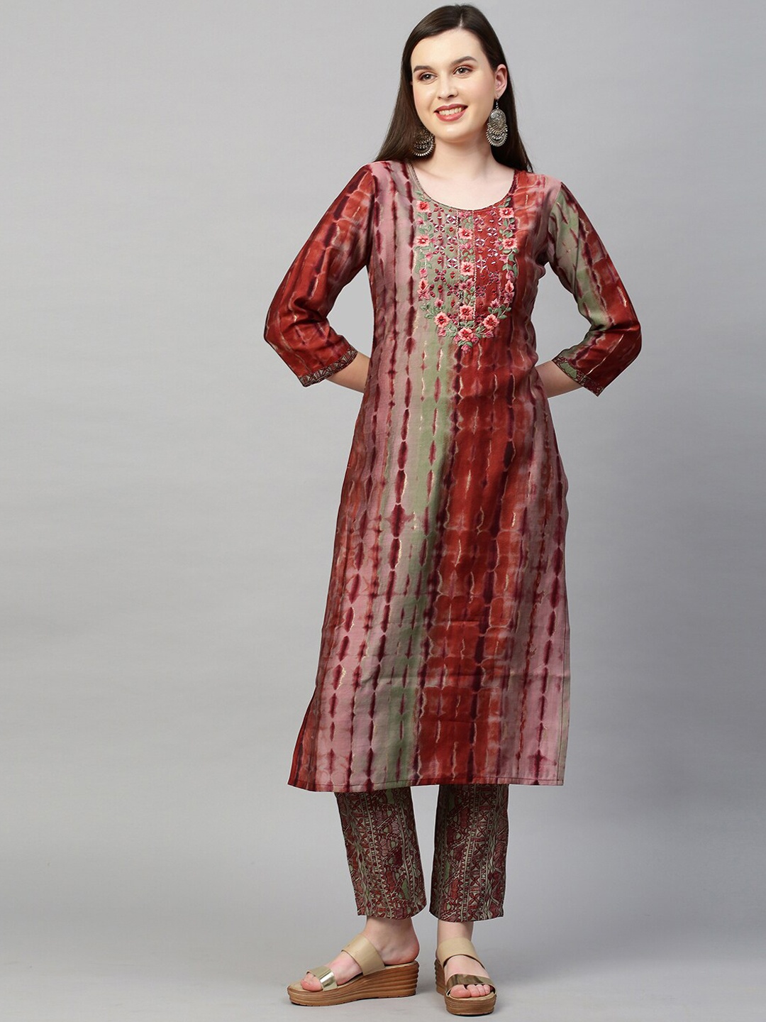 FASHOR Women Red Embroidered Mirror Work Kurta with Trousers