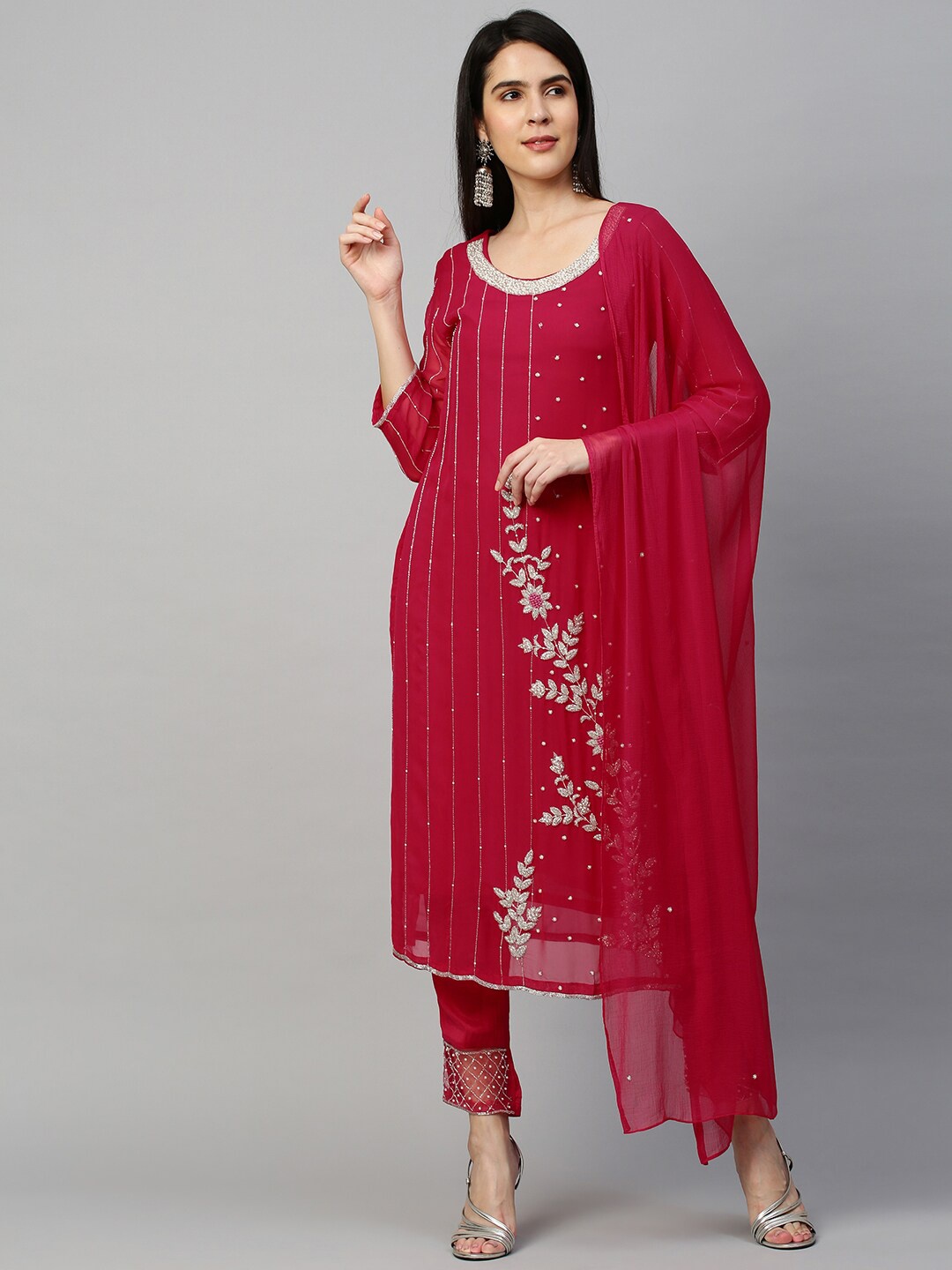 

FASHOR Women Pink Floral Embroidered Beads and Stones Kurta with Trousers & With Dupatta