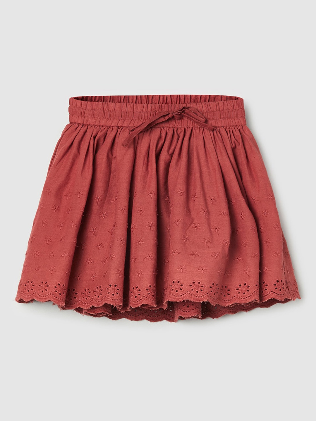 

max Girls Rust Red Solid Schiffli Pure Cotton Flared Skirt