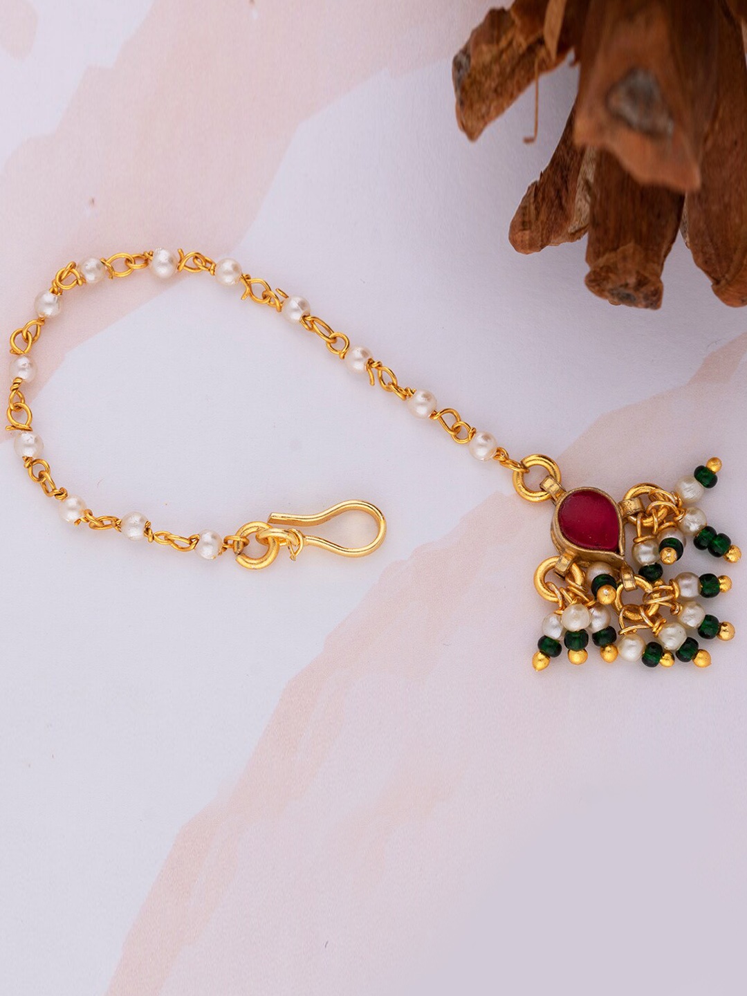 

MORKANTH JEWELLERY Gold-Plated Pink & Red Kundan Studded Handcrafted Maang Tikka
